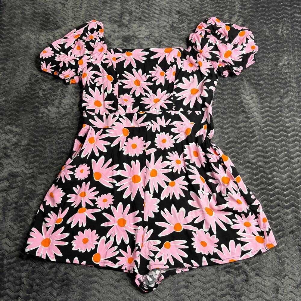 Lily Rose Floral Open Back Puff Sleeve Romper Pink Daisy Size Large NWT